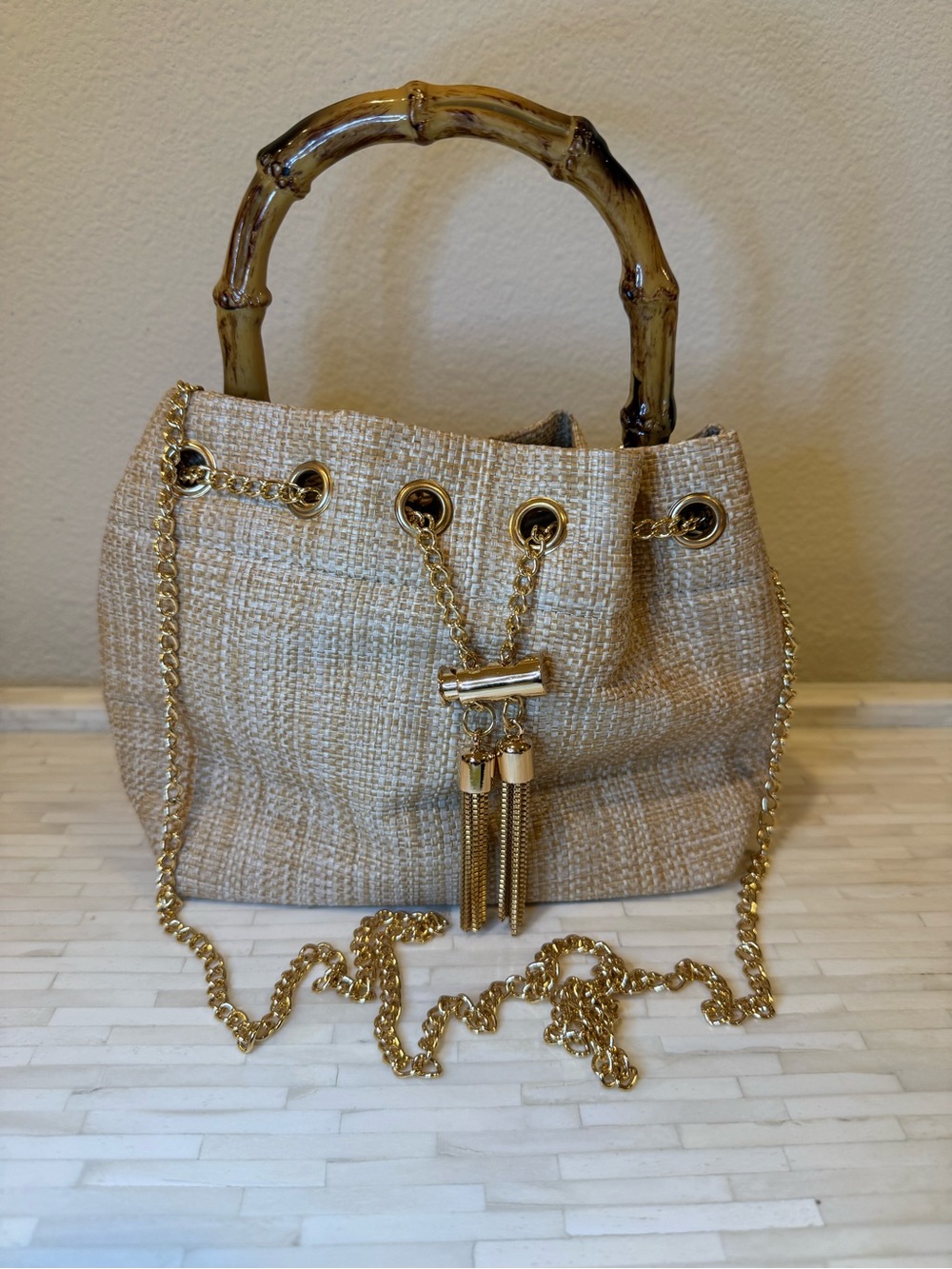 Beige Tweed Bamboo-Handle Tote with Gold Chain Detail
